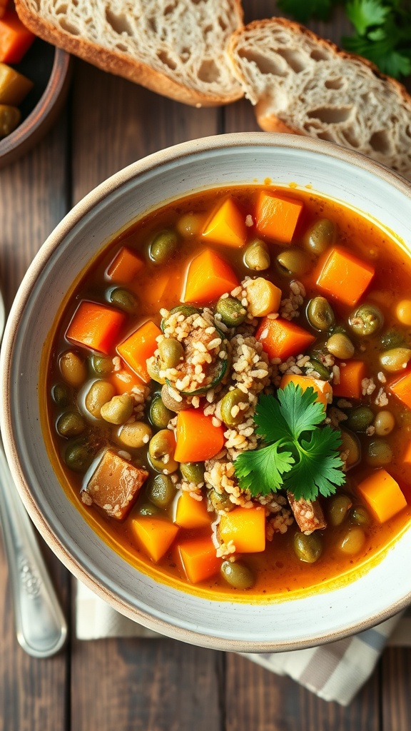 A bowl of quinoa and lentil soup with carrots and parsley, served with bread on a rustic table.